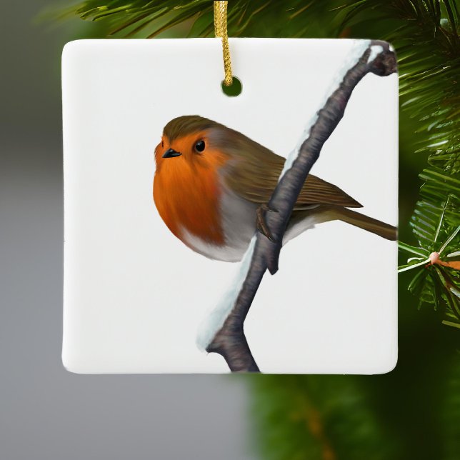 Ornement En Céramique Bob le Rouge Robin Bird Faune Blanc (Bob the red robin would like to come home with you and live on your Christmas tree)