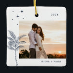 Ornement En Céramique Bohemian Beach Palm Tree Photo<br><div class="desc">Palmier de plage bohème et étoiles,  ornement photo de vacances en bleu roux rustique.</div>