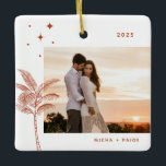 Ornement En Céramique Bohemian Beach Palm Tree Photo Ceramic Ornament<br><div class="desc">Bohemian beach palm tree and stars,  holiday photo ornament in rustic terracotta orange.</div>