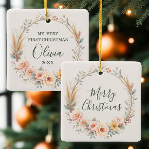 Ornement En Céramique Boho Baby First Joyeux Fleur sauvage de Noël