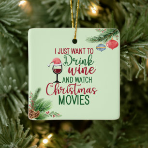 Ornement En Céramique Boire du vin, regarder des films de Noël, manger d