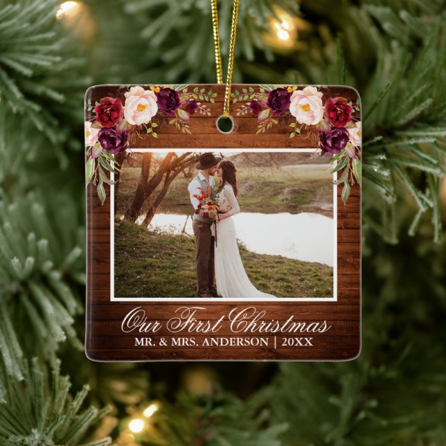 Ornement En Céramique Bois Floral Rustique Bourgogne Notre premier Noël (Arbre)