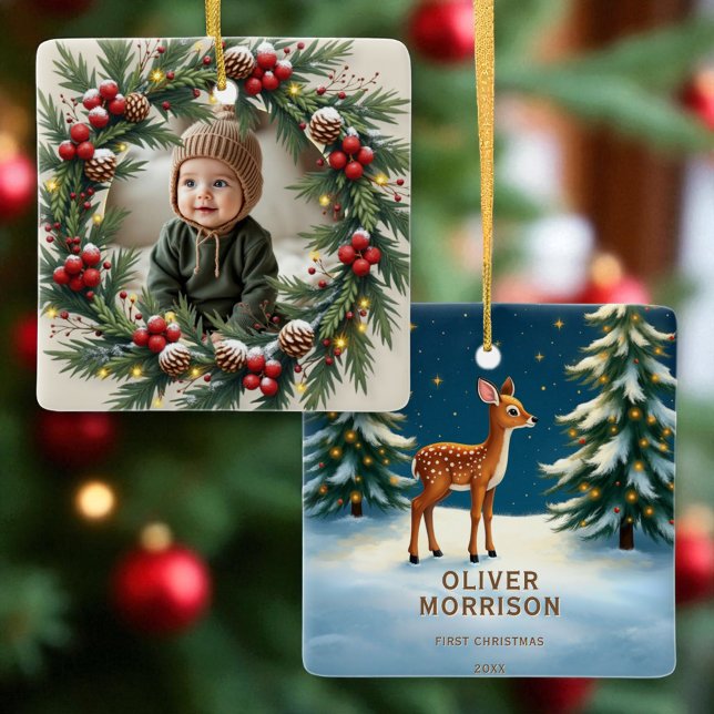 Ornement En Céramique Bois personnalisé Premier Cerf de Noël (Créateur téléchargé)