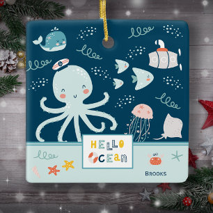 Ornement En Céramique Bonjour Océan Octopus Nautique Blue Kid Noël
