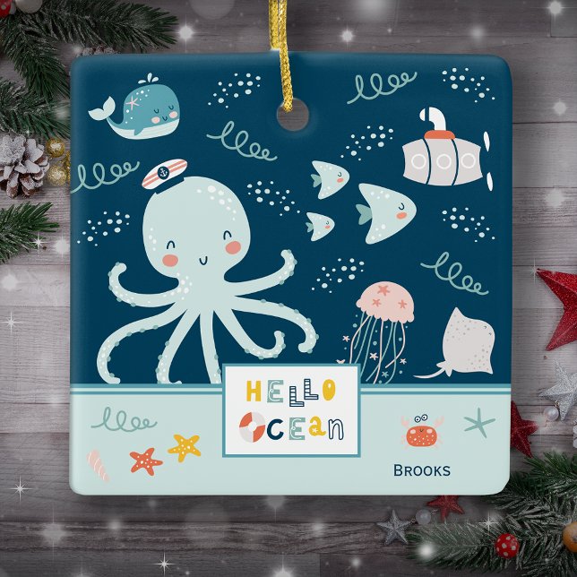 Ornement En Céramique Bonjour Océan Octopus Nautique Blue Kid Noël (Créateur téléchargé)