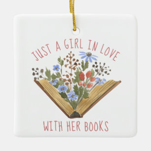 Ornement En Céramique Book Lover Book with Flowers