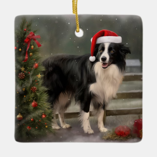 Ornement En Céramique Bordure Collie Chien dans neige Noël (Devant)