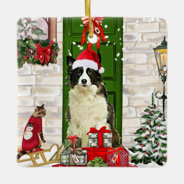 Ornement En Céramique Bordure Collie Chien Noël (Devant)