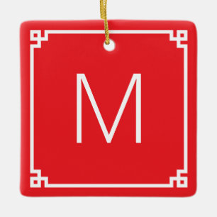 Ornement En Céramique Bordure de clé grecque rouge et blanc avec photo d