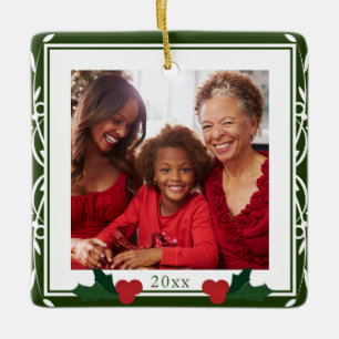 Ornement En Céramique Bordure Vert Blanc Holly Famille Noël