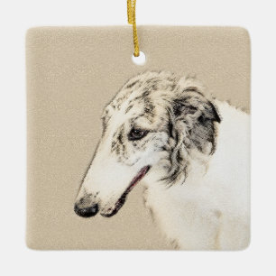 Ornement En Céramique Borzoi (Argent Brindle) Peinture Chien Art origina