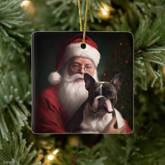 Ornement En Céramique Boston Terrier avec Noël Festif du Père Noël (Arbre)