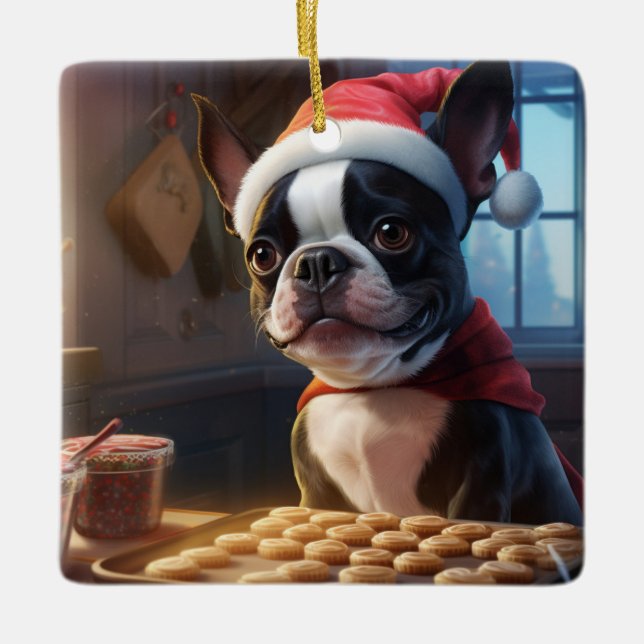 Ornement En Céramique Boston Terrier Noël Cookies Festive Holiday (Devant)