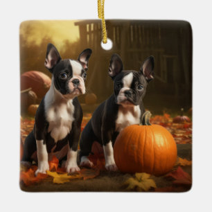 Ornement En Céramique Boston Terrier Puppy Automne Citrouille de plaisir