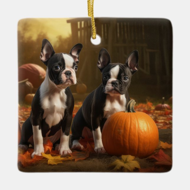 Ornement En Céramique Boston Terrier Puppy Automne Citrouille de plaisir (Devant)