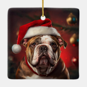 Ornement En Céramique Bouledogue anglais avec chapeau de Noël