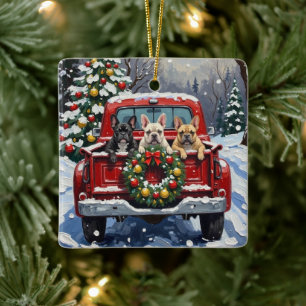 Ornement En Céramique Bouledogue Français Noël Camion Rouge Fêtes