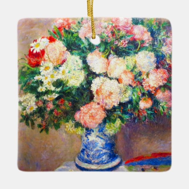 Ornement En Céramique Bouquet de chrysanthèmes et un fan japonais (Devant)