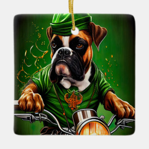 Ornement En Céramique Boxer Chien Conduite Vélo St. Patrick's Day