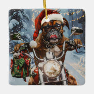 Ornement En Céramique Boxer Chien équitation Moto Noël
