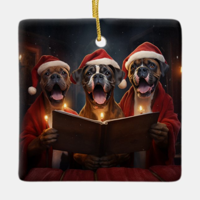 Ornement En Céramique Boxer Chiens Noël Caroling Festive Fête (Devant)