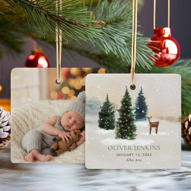 Ornement En Céramique Boy First Christmas Birth Stats Woodland Photo (Rustic Forest Woodland Birth Stats with Photo Ornament)