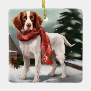 Ornement En Céramique Brittany Spaniel Dog à Noël de neige
