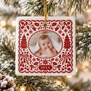 Ornement En Céramique Broderie de Noël Rouge Vintage Cadeau de Naissance