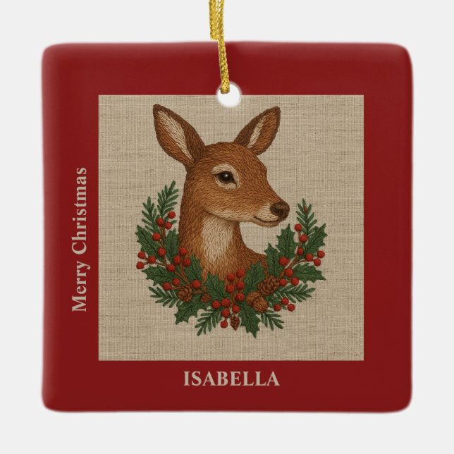 Ornement En Céramique Broderie rustique Deer & Holiday Greens noël (Devant)