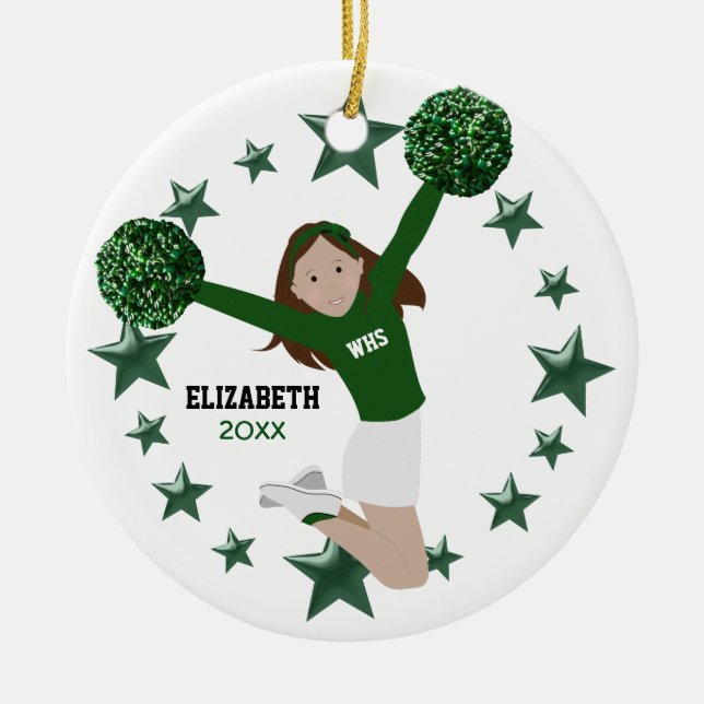 Ornement En Céramique Brunette Pom-pom girl Pom Poms Vert & Blanc (Devant)