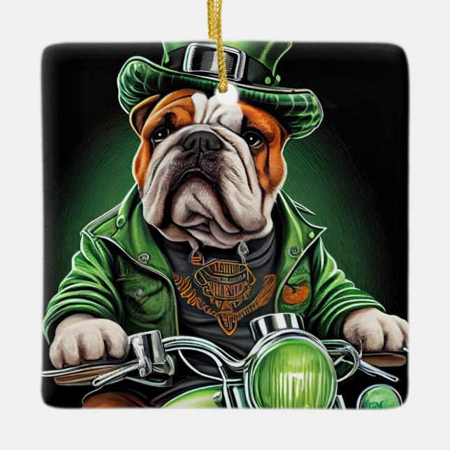 Ornement En Céramique Bulldog Driving Bike St. Patrick's Day (Devant)