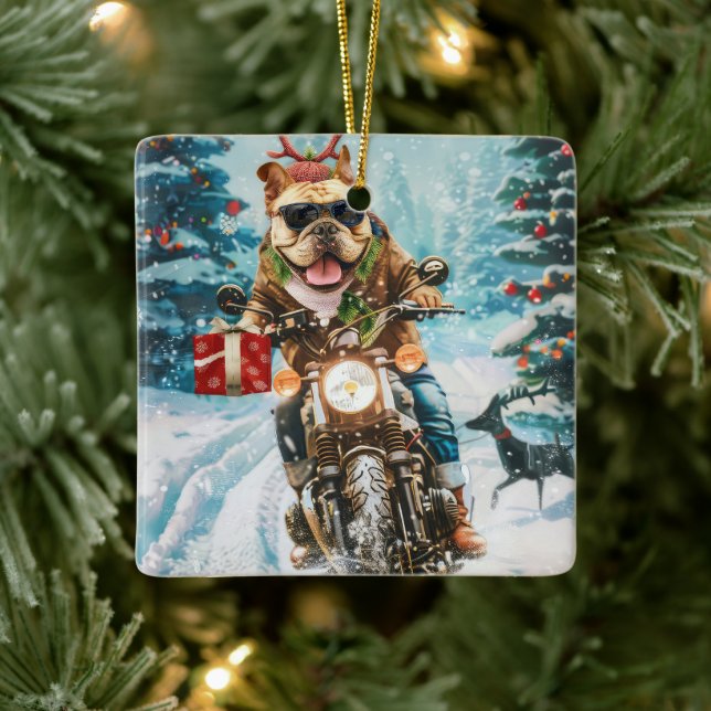 Ornement En Céramique Bulldog équitation moto Noël (Arbre)