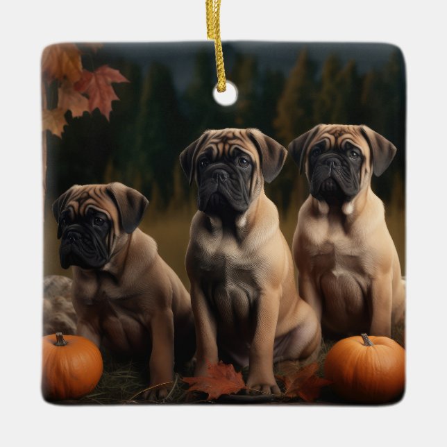 Ornement En Céramique Bullmastiff Chiot Automne Citrouille de plaisir (Devant)