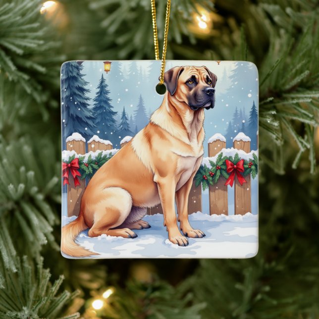 Ornement En Céramique Bullmastiff Winter Forest Holly Christmas Art (Arbre)