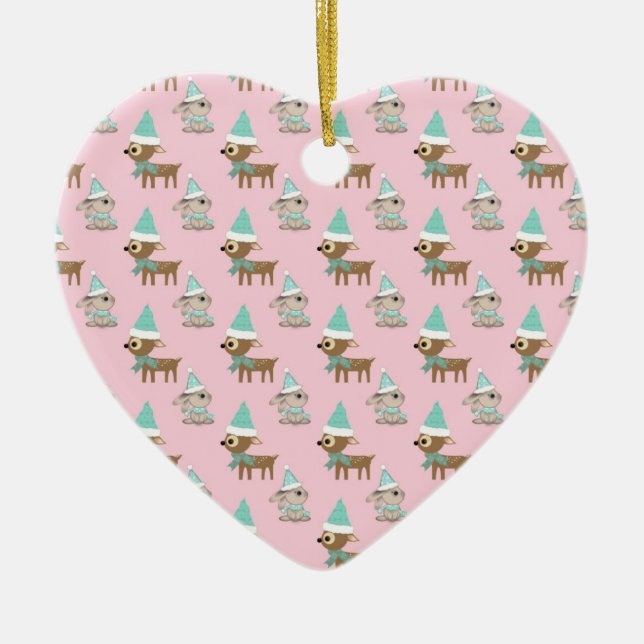 Ornement En Céramique Bunnies et rennes sur Pale Rose Holiday Art (Devant)