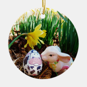 Ornement En Céramique Bunny de Pâques embrasser Oeuf de vache