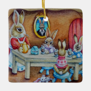 Ornement En Céramique Bunny Rabbit Famille de cacao chaud Bref aquarelle