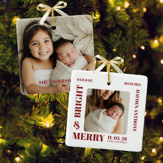 Ornement En Céramique Burgundy de Premier Noël de Bébé Photo Joyeux et L