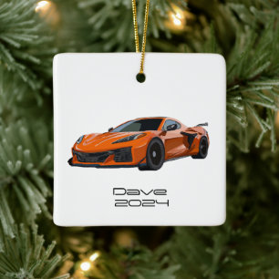 Ornement En Céramique C8 Corvette Sports Voiture Orange Main Tirée