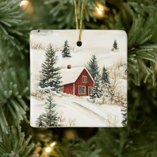 Ornement En Céramique Cabane rustique de Noël en forêt hivernale