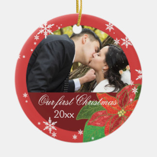 Ornement En Céramique Cadeau de Noël du couple de mariage de poinsettia