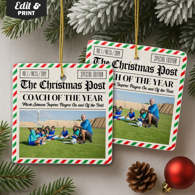 Ornement En Céramique Cadeau de Noël personnalisé pour l'entraîneur de s (Custom Christmas Coach Gift Sports Newspaper Coach Ceramic Ornament)