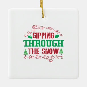 Ornement En Céramique Cadeau de Noël Sipping À Travers La Neige