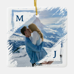 Ornement En Céramique Cadeau de photo de couple bleu Premier Noël Fiancé