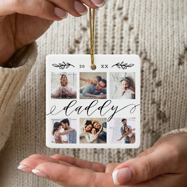 Ornement En Céramique Cadeau pour papa | Collage de photos de famille (Gift for Daddy Personalized Family Photo Collage Ceramic Ornament)