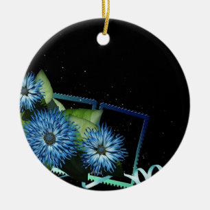 Ornement En Céramique Cadeaux floraux noirs bleu classique - personnalis