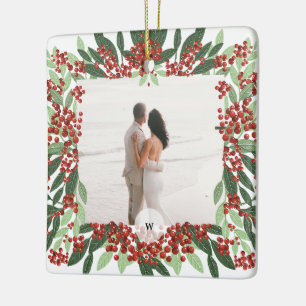 Ornement En Céramique Cadre de Noël à monogramme de photo de mariage de 