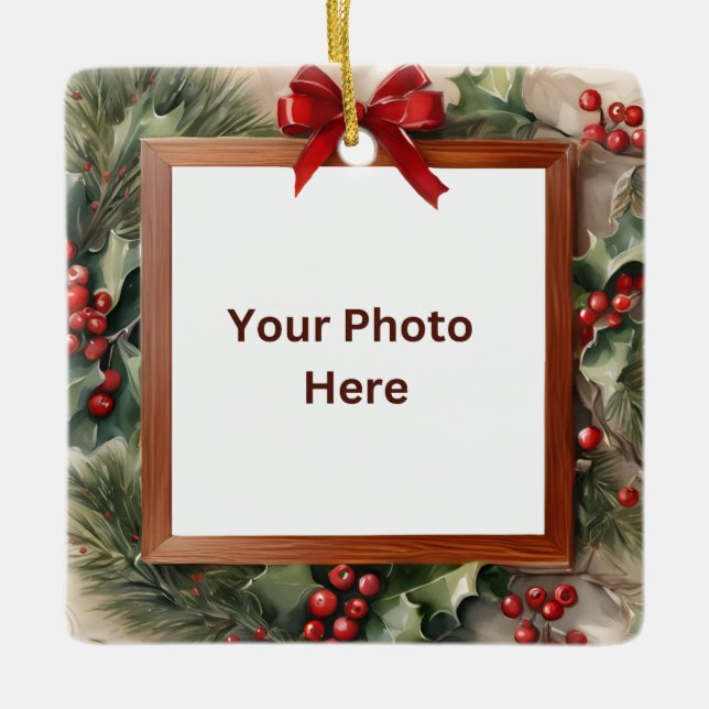Ornement En Céramique Cadre photo Holly et Fir Noël (Devant)