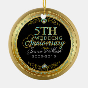 Ornement En Céramique Cadre Turquoise & Or & 5ème anniversaire Mariage