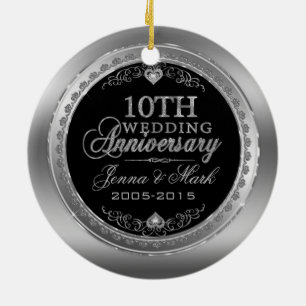 Ornement En Céramique Cadres et Coeurs d'argent 10e anniversaire de Mari